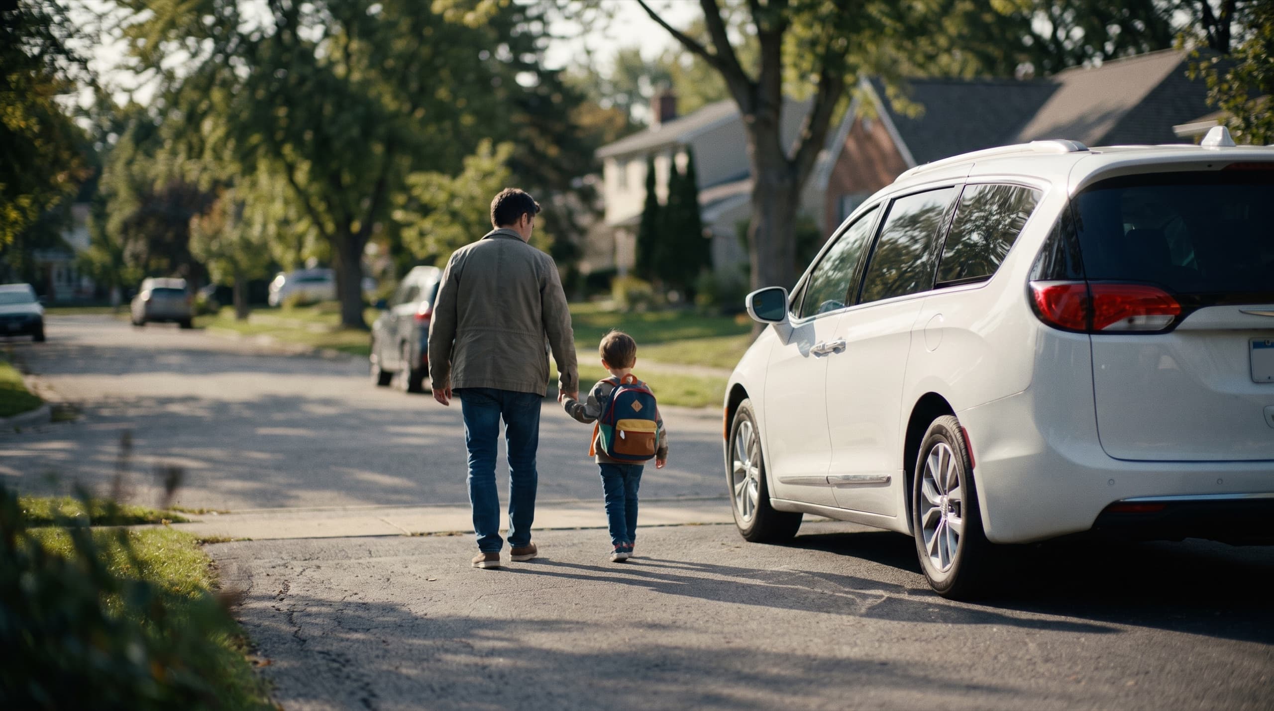 Un parent et son enfant marchent main dans la main vers la navette scolaire, au petit matin.