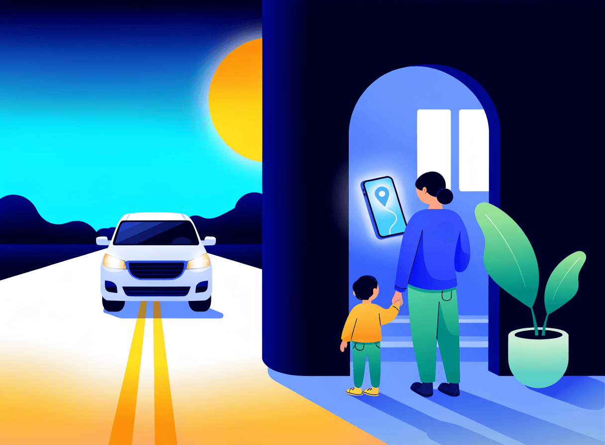 Illustration : un parent serein consulte l'application KideeGo au moment du départ pour l'école.
